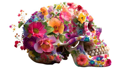 Fototapeta premium Memento Mori floral skull arrangement with vibrant blossoms and delicate petals, symbolizing life and decay for thematic projects and symbolic concepts