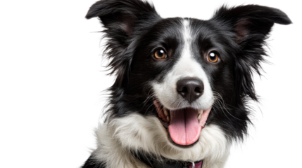 Close up portrait of a happy, panting Border Collie dog with brown eyes and black and white fur, perfect for pet care and animalthemed promotions