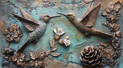 Two Hummingbirds Pine Cones And