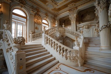 Naklejka premium Luxurious white marble staircase with ornate balustrade rising majestically in a grand palace, showcasing opulence and architectural splendor