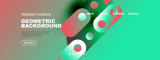 Abstract website header design. Vibrant colors, geometric shapes, text elements present. Modern, clean aesthetic.