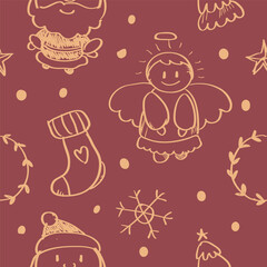Adorable seamless Christmas doodle pattern with cute festive icons and cozy holiday vibes. Perfect for gift wrap, textiles, greeting cards, and joyful seasonal decor.