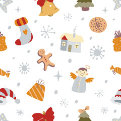 Adorable seamless Christmas doodle pattern with cute festive icons and cozy holiday vibes. Perfect for gift wrap, textiles, greeting cards, and joyful seasonal decor.