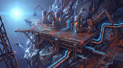 futuristic asteroid mining platform with robotic construction arms illuminated industrial pipes and autonomous machines extracting valuable resources in deep space