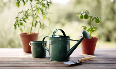 Close-up garden scene with watering can, tomato seedlings, and tools on a bright spring workspace, soft blurred background, home gardening, planting season, sustainable lifestyle concept
