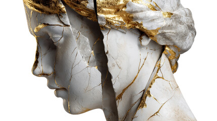 Cracked marble bust with gold veins symbolizing repair and resilience, perfect for concepts of restoration, brokenness, and luxury in marketing and media.