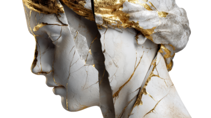 Cracked marble bust with gold veins symbolizing repair and resilience, perfect for concepts of restoration, brokenness, and luxury in marketing and media.