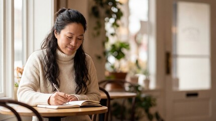 Smiling Asian woman in a cozy sweater writing in a journal at a cafe table by the window with soft natural light.