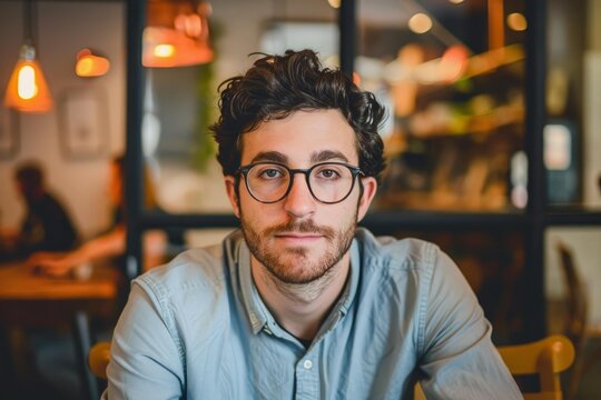 Portrait of confident young businessman sitting in modern cafe - Powered by Adobe