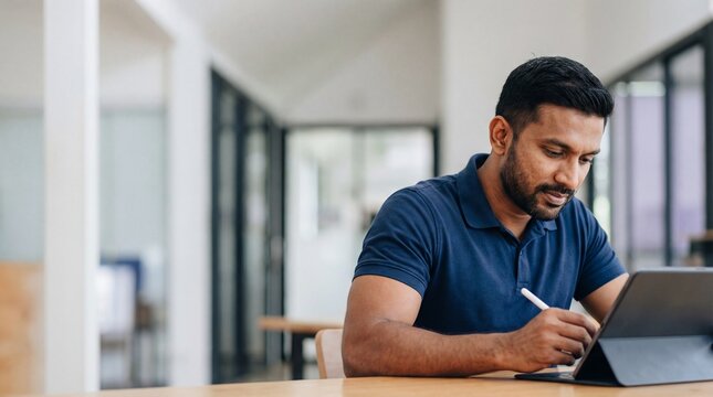 Focused Indian man working on a digital tablet with a stylus pen while sitting at a wooden desk in a modern office - Powered by Adobe