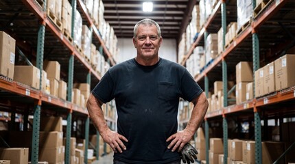 Confident mature male warehouse worker standing with hands on hips in an aisle between tall shelves stacked with cardboard boxes.