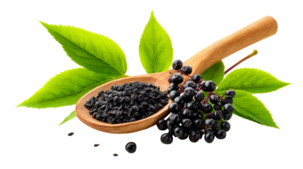 Healthy elderberries with fresh green leaves on a wooden spoon for natural medicine and dietary supplements promotions