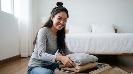 Happy young Asian woman packing warm clothes into a suitcase for a trip, sitting on the bedroom floor and smiling at camera.