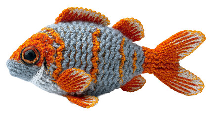 Handmade knitted fish toy in gray and orange yarn with realistic eye, perfect for childrens room decor or as a unique gift.
