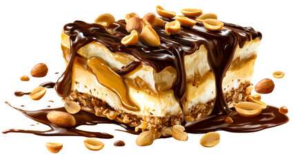 Delicious slice of chocolate peanut cake with rich caramel and dark chocolate sauce, garnished with whole and halved peanuts, perfect for dessert or indulgence, suitable for food blogs and