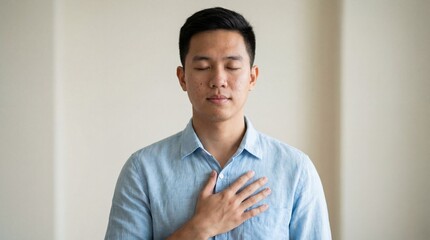 Peaceful young Asian man with eyes closed and hand on his chest showing gratitude and relief. Sincere moment of mindfulness.