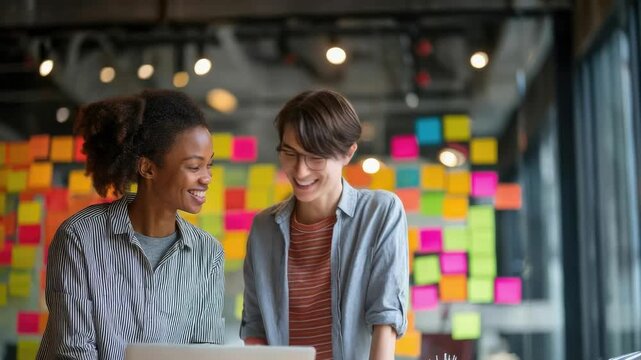 Two people collaborate over a laptop in a bright office, with a wall covered in colorful sticky notes.
