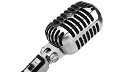 Shiny chrome vintage microphone with detailed grille, perfect for music production, audio recording, or broadcast use.