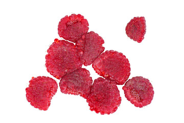 Sqeezed raspberry isolated on white background. Top view