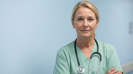 Portrait of a confident mature female doctor wearing green scrubs and a stethoscope, standing in a hospital hallway.