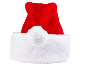 Red Santa hat with white pom-pom. Cristmas accessory. Isolated on white background