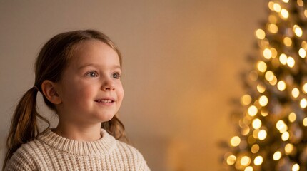 Portrait of an adorable smiling little girl with pigtails looking at a decorated Christmas tree with warm festive bokeh lights.
