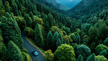 aerial view of a car driving on a winding road through a dense green forest, aerial photography.