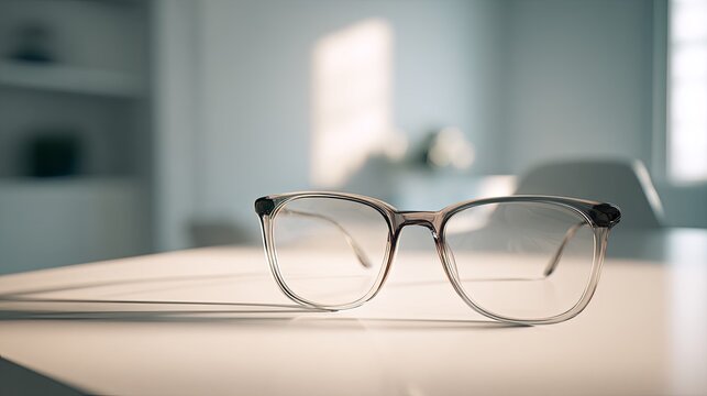 Stylish Eyeglasses on Desk with Minimalist Office Background, and Sunlit.