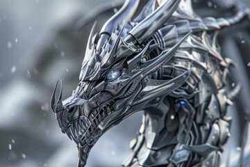 Obraz premium Metallic dragon head with glowing eyes against a snowy backdrop