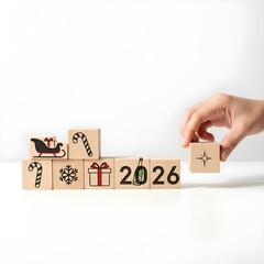 New Year 2026 celebration with festive holiday icons on wooden blocks, representing upcoming joy and excitement