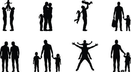 Silhouette illustration of fathers spending meaningful moments with children in various family activities, showing love, bonding, support, parenting, care, and connection