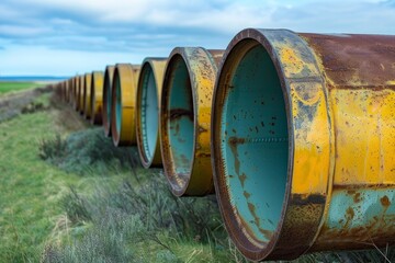 Obraz premium Large rusty yellow and teal pipes are lying in a green grass field