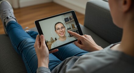 Unrecognizable woman holding a digital tablet with a smiling young woman on the screen, face recognition concept