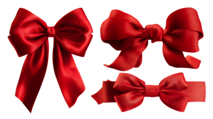 Collection of three luxurious red satin bows with intricate folds and textures for festive decoration, gift wrapping, and event styling applications.