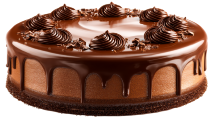 Decadent chocolate cake with glossy ganache drip, piped frosting swirls, and chocolate shavings, perfect for bakery advertising and dessert promotion.