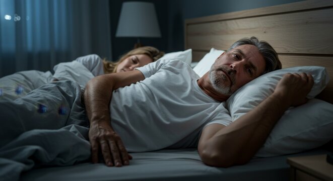 A sleepless older man lying in bed at night with his snoring partner. Insomnia and relationship stress concepts.
