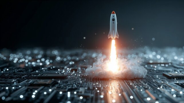 Stunning rocket launching from a futuristic circuit board, symbolizing innovative technology and digital transformation for business success