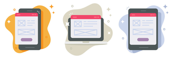 Prototyping ui ux wireframe layout design for mobile cell phone tablet and laptop computer devices screens icon vector modern graphic illustration design set, website application responsive interface
