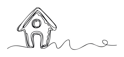 Minimalist single line drawing of a house with a whimsical wavy line extending from its base, perfect for real estate, property, or home related concepts.