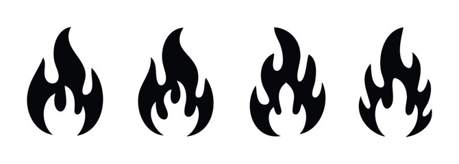 Four black fire icons with varying flame shapes representing heat and energy, perfect for warning signs or symbolizing power.