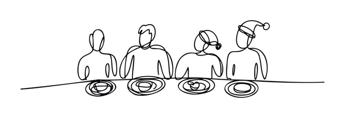 Line drawing of four diverse people sitting at a table sharing a meal during the holidays, ideal for festive greetings and family gatherings themes.