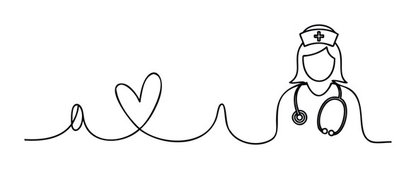 One line drawing of a nurse with a stethoscope and a heart shape conveying care and health services, perfect for medical and wellness related projects.