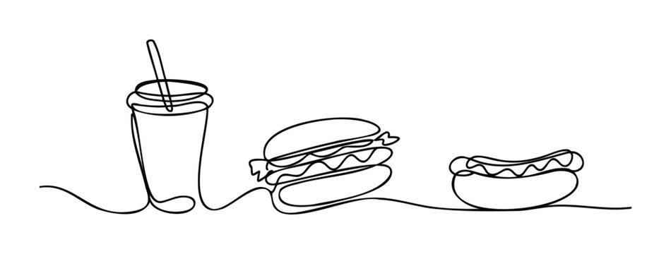 Minimalist line drawing of a soda drink, hamburger, and hot dog presented as a complete meal for fast food consumption or a graphic element for casual dining concepts