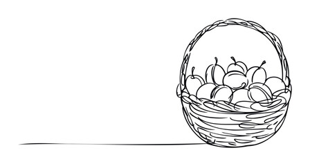Simple black line drawing of a woven basket filled with fresh fruit, perfect for healthy eating concepts and natural food promotions