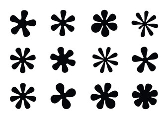 Collection of twelve diverse black asterisk shapes, perfect for graphic design projects, digital art, or adding a playful accent to presentations and websites.