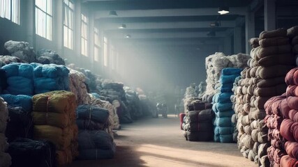 A large warehouse aisle lined with tall stacks of colorful fabrics and blankets, with sunlight streaming through the windows.