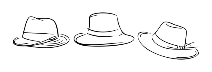 Line drawing collection of three different styles of fedora hats suggesting gentlemens accessories and classic headwear for various occasions and style statements.
