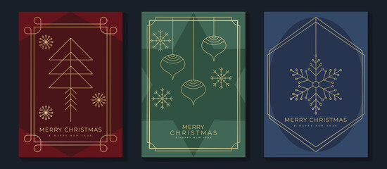 Obraz premium Christmas card vector illustration with minimal gold line ornaments. Elegant design for holiday cards and celebration themes.