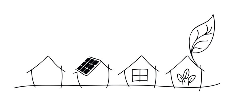 Drawn houses progress from empty to eco friendly with solar panel and leaf, symbolizing green building and sustainable living for architectural presentations and environmental campaigns.