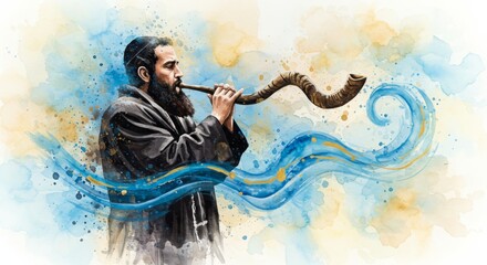 Jewish man blowing shofar. Rosh Hashanah celebration and Yom Kippur observance. Watercolor illustration for Jewish New Year greeting card.